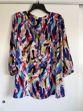 NYDJ Abstract Brushstroke V-Neck Blouse in Blue, Pink, Green, Black, White